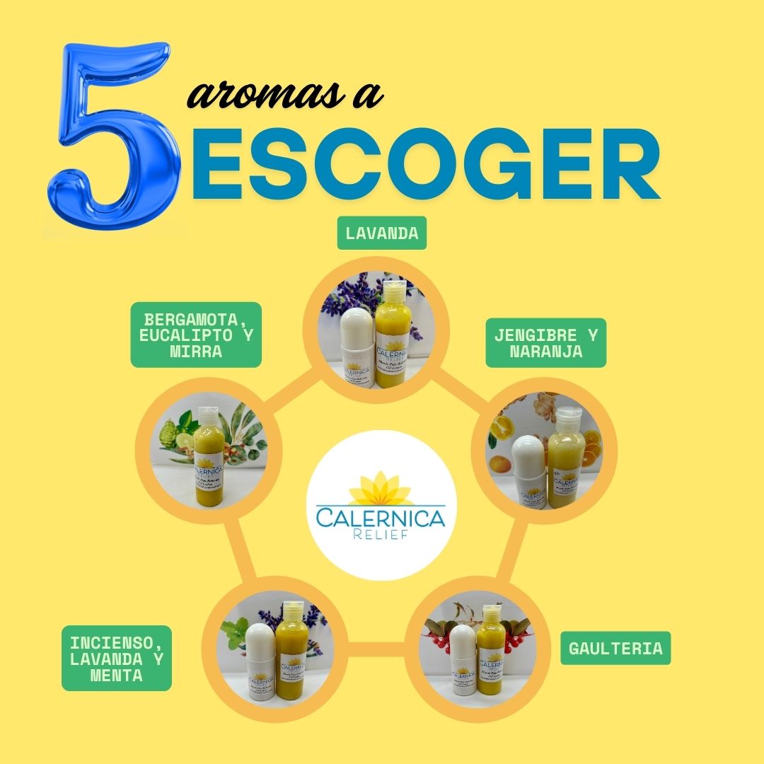 Promotional graphic for Calernica Helital featuring five essential oil blends on a yellow background.