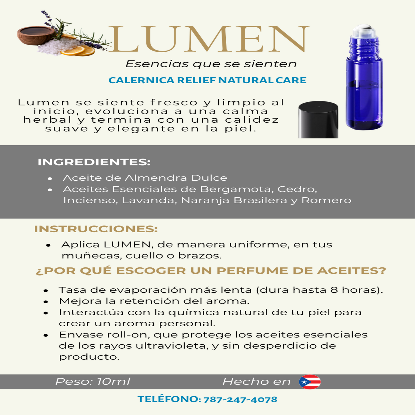 Lumen rollerball with essential oils and product information on a gray background