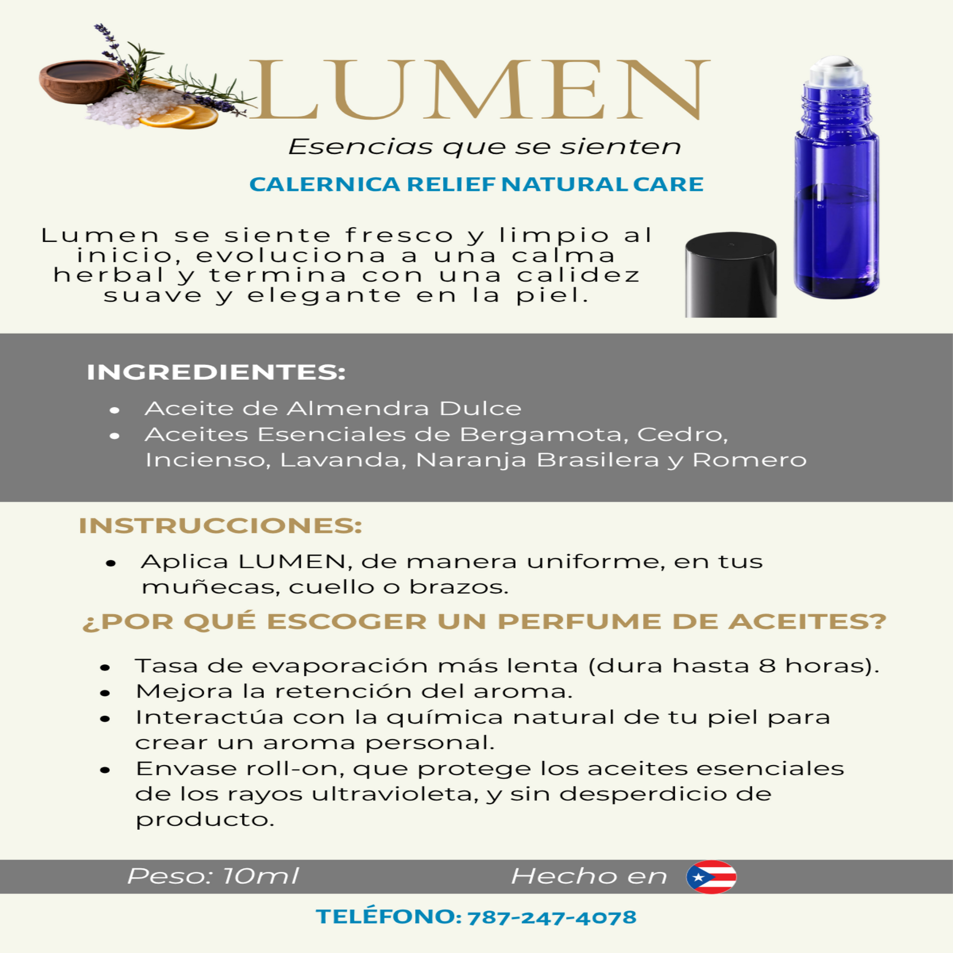 Lumen rollerball with essential oils and product information on a gray background