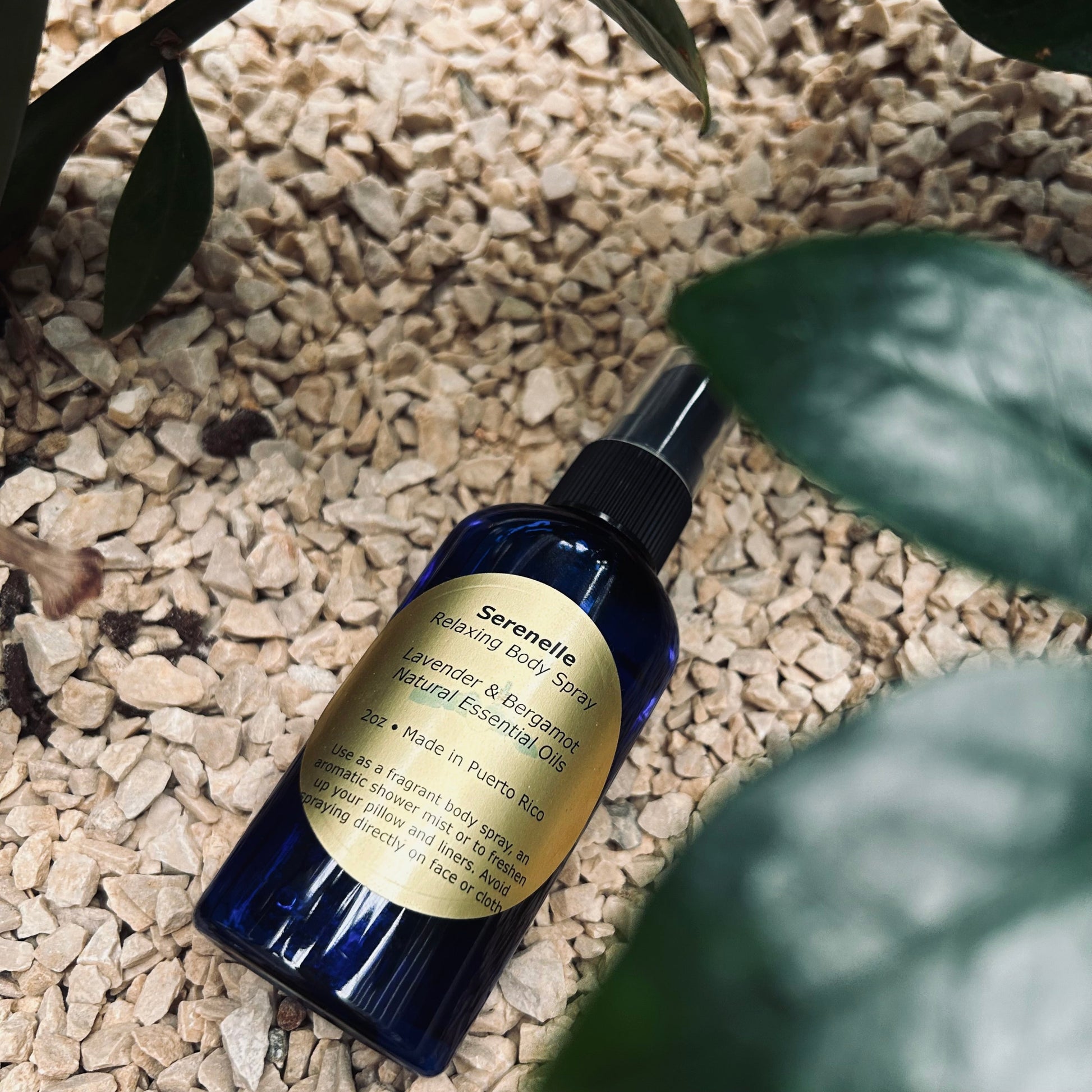 Serenade relaxing body spray bottle on a stone surface with green leaves.
