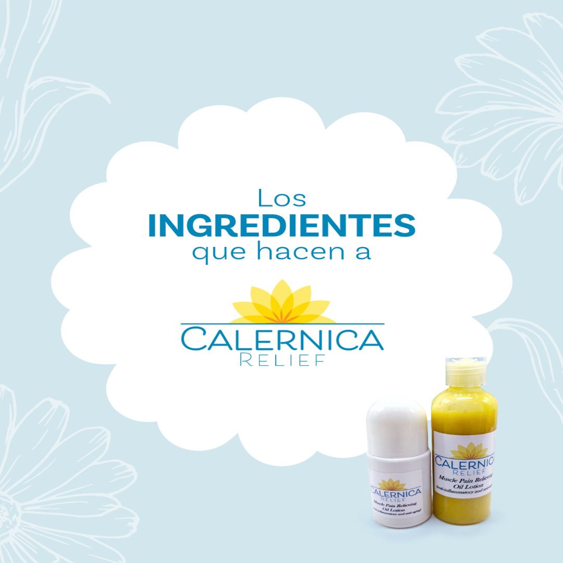 Calernica Relief products with a blue background and text about ingredients.