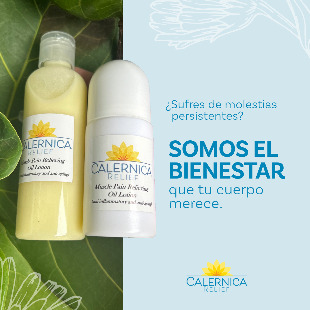 Two bottles of Calernica Relief oil lotion on a green leaf background with promotional text.