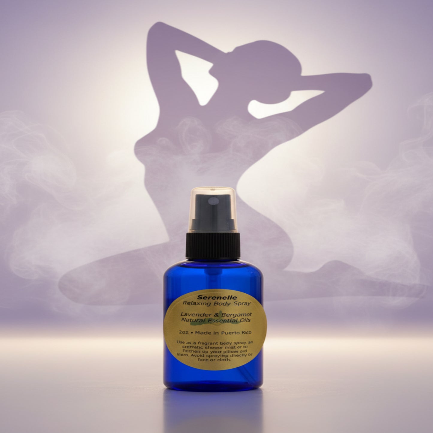 Blue spray bottle labeled 'Serenelle Relaxing Body Spray' on a textured surface.