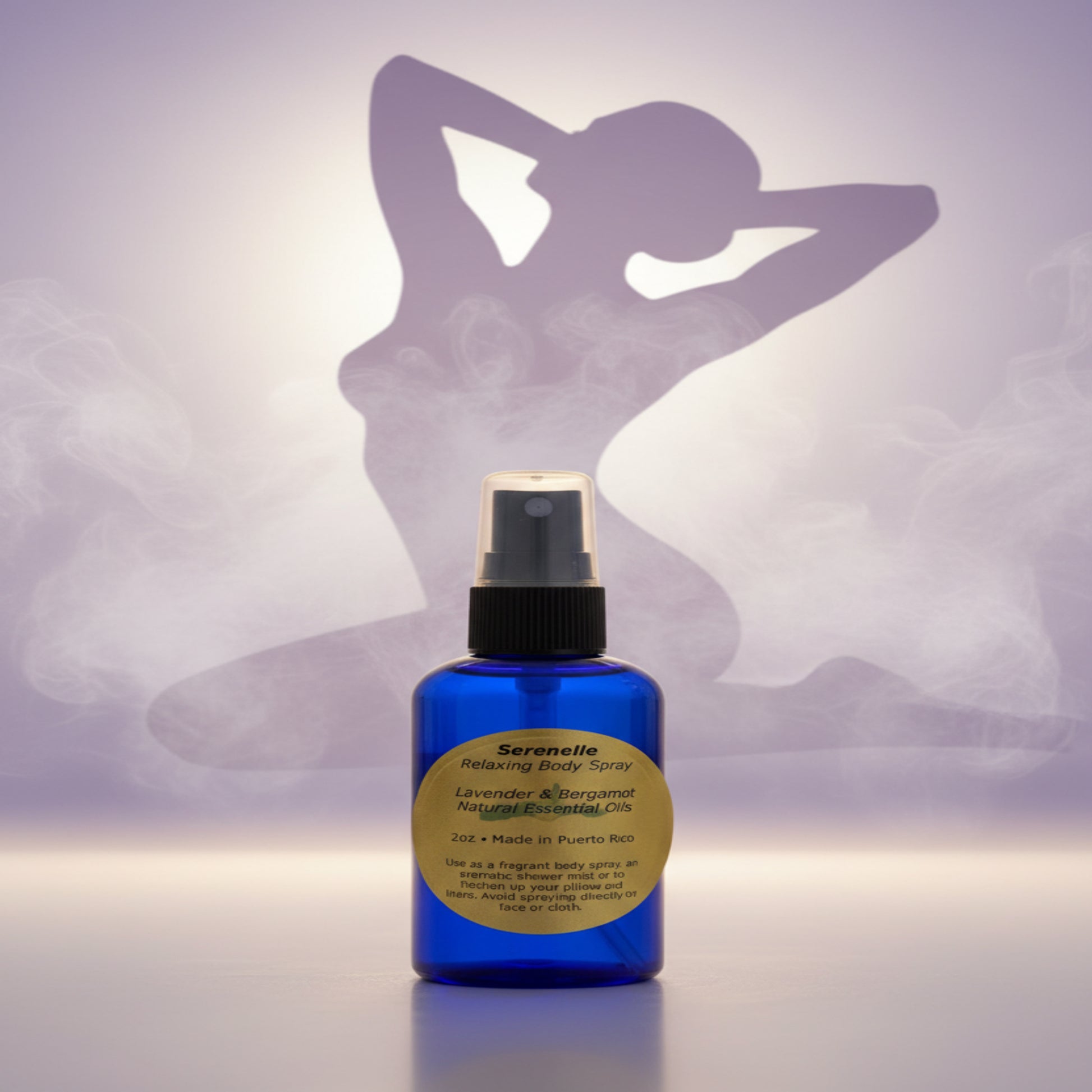 Blue spray bottle labeled 'Serenelle Relaxing Body Spray' on a textured surface.
